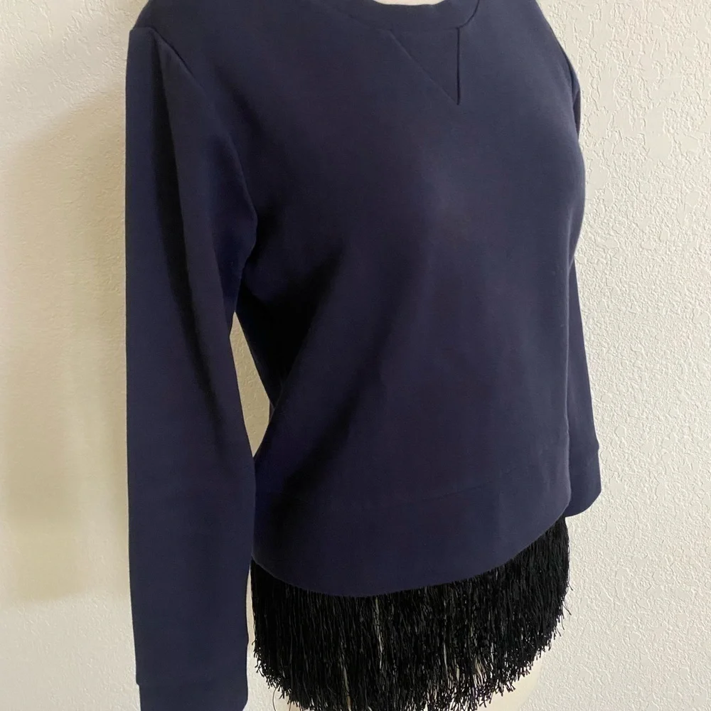 J Crew Navy‎ Blue Sweatshirt Women’s  Crew Neck With Fringes Details Size XS